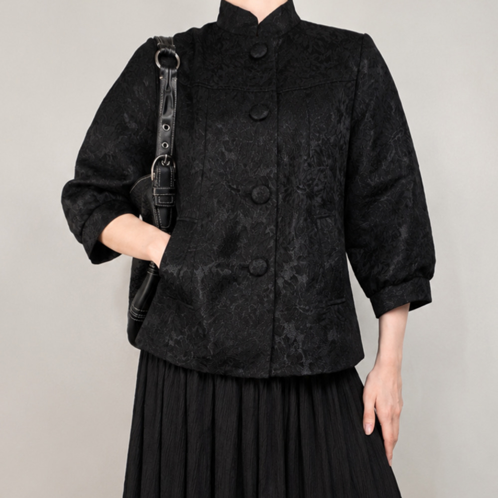 Black Brocade Jacket High Collar Puff Sleeve Goth Dark Academia Pea Coat Size 10